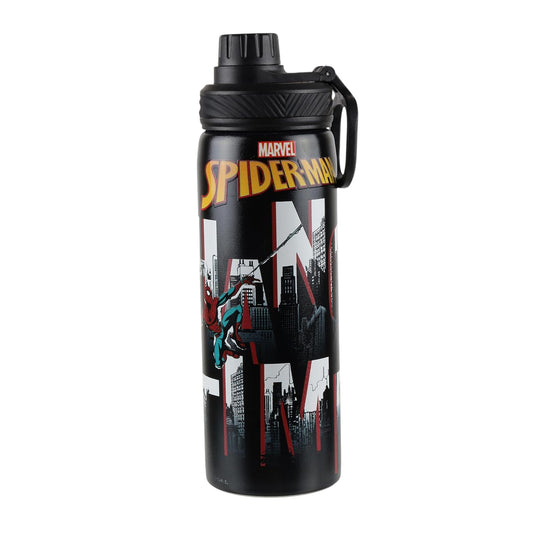 Marvel Spider-Man Stainless Steel Water Bottle for Kids & Boys 700ml | Leakproof BPA-Free Non-Insulated Sipper Bottle with Handle | Black School Gym Sports Water Bottle