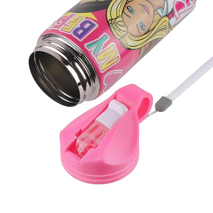 Disney Princess Stainless Steel Sipper Water Bottle for girls, Leak-Proof, BPA-Free Bottle for Girls with Carry Strap – Ideal for School, Picnic, Sports, Travel – 500ml Pink