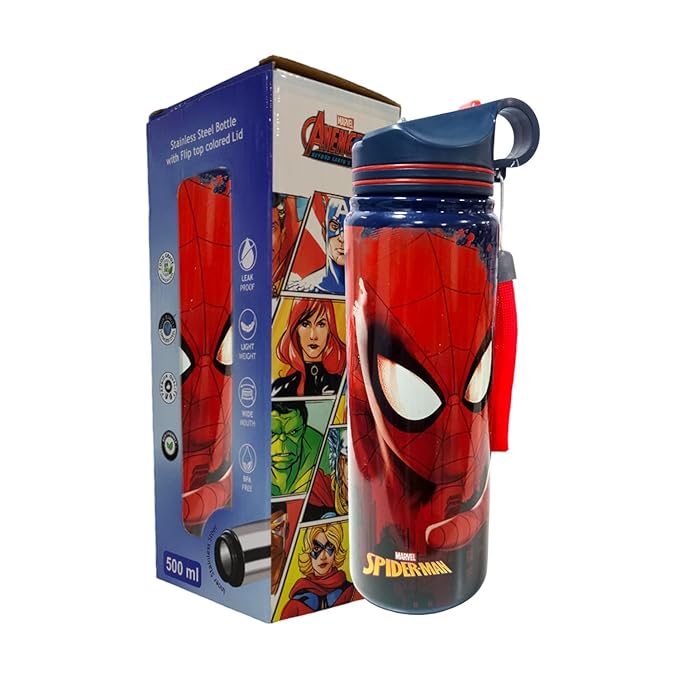 Marvel Spider-Man Insulated Stainless Steel Water Bottle 500ml | Kids Leak-Proof Flask with Flip Lid & Strap | Hot & Cold Vacuum Bottle | BPA-Free School Water Bottle for Boys