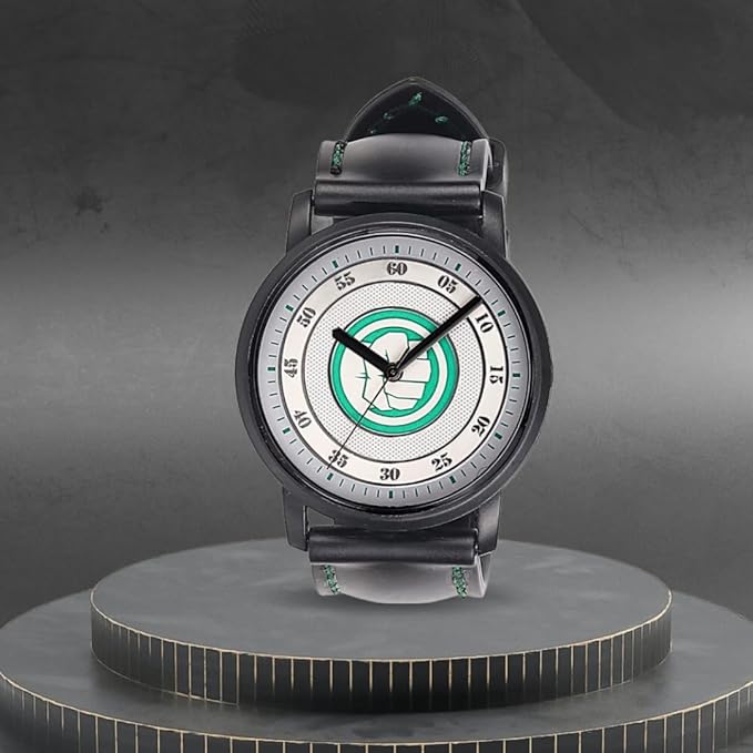 Marvel Hulk Leather Strap Analog Wrist Watch for Men (Black/Green) | AZ353
