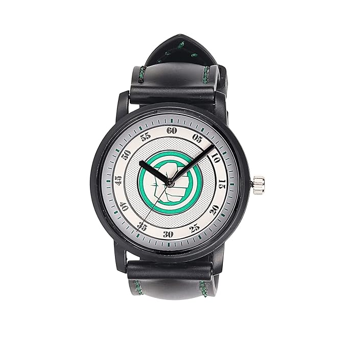Marvel Hulk Leather Strap Analog Wrist Watch for Men (Black/Green) | AZ353