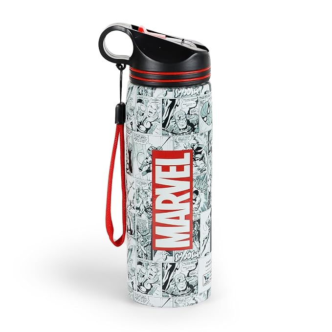 Marvel Official Comic Edition Stainless Steel Water Bottle | 750ml Leakproof BPA-Free Sipper Bottle with Bold Logo & Comic Print | Gym, Office, School & Travel