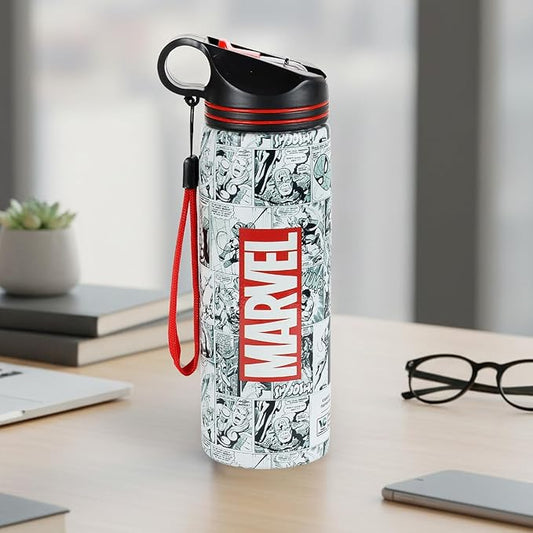 Marvel Official Comic Edition Stainless Steel Water Bottle | 750ml Leakproof BPA-Free Sipper Bottle with Bold Logo & Comic Print | Gym, Office, School & Travel