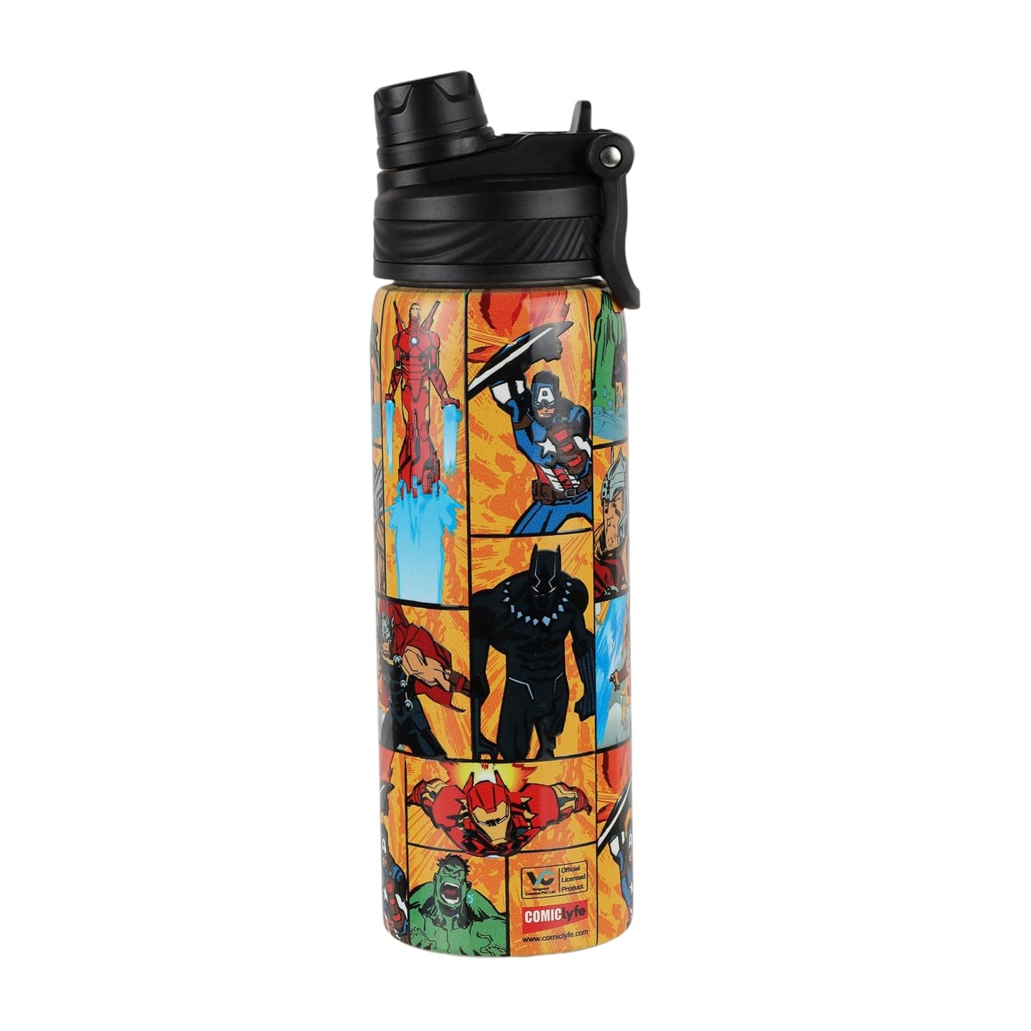 Marvel Spider-Man Stainless Steel Water Bottle for Kids, Leakproof Sipper Bottle with Handle & Strap, Reusable Non-Insulated Drinking Flask for School, Travel, Sports & Outdoor Use