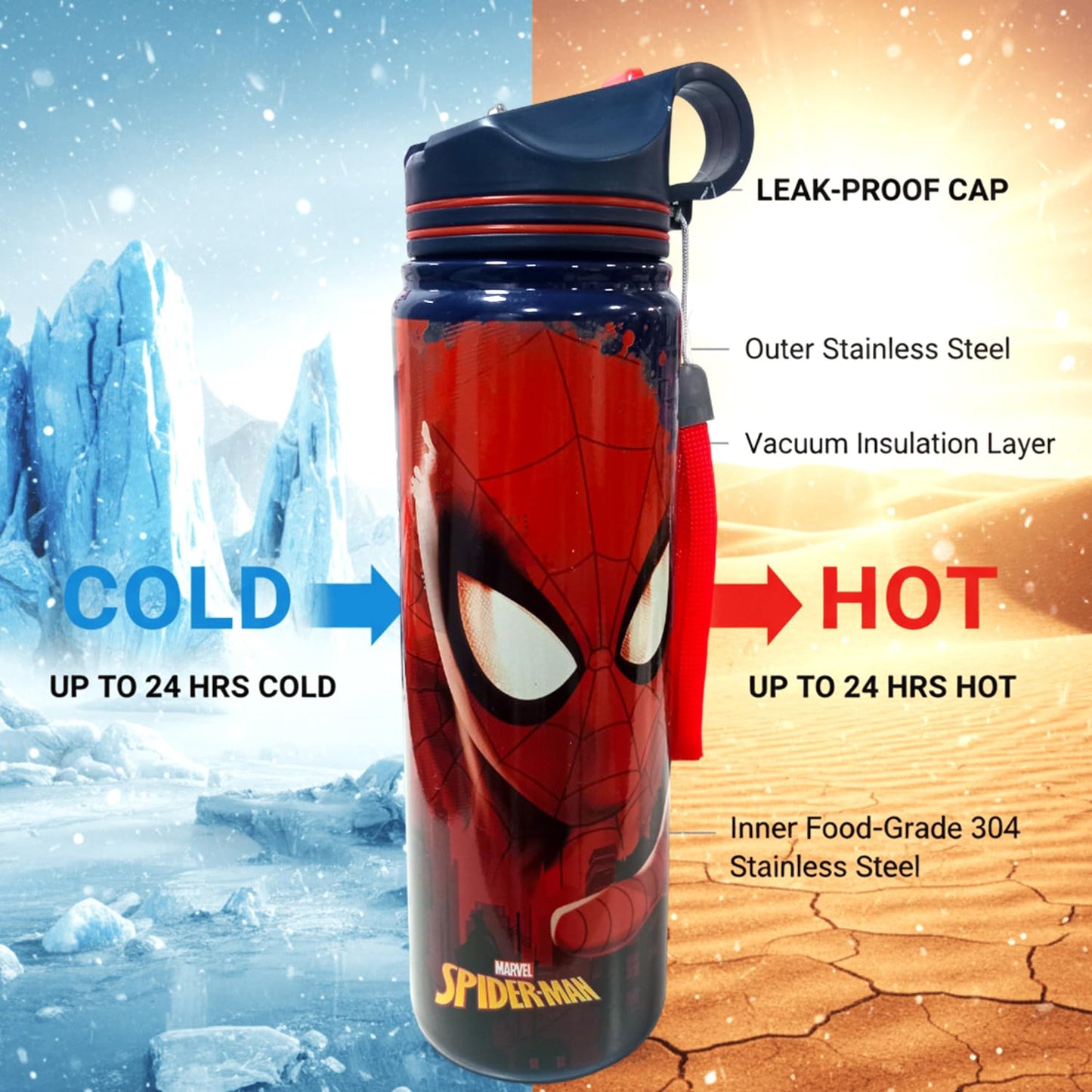 Marvel Spider-Man Insulated Stainless Steel Water Bottle 500ml | Kids Leak-Proof Flask with Flip Lid & Strap | Hot & Cold Vacuum Bottle | BPA-Free School Water Bottle for Boys