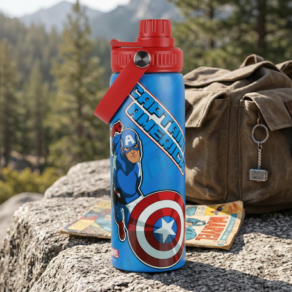 Captain America Stainless Steel Water Bottle for Kids Leakproof Non-Insulated Metal Sipper Bottle with Carry Handle, Marvel Superhero Printed Reusable Water Bottle for School, Travel, 750ml