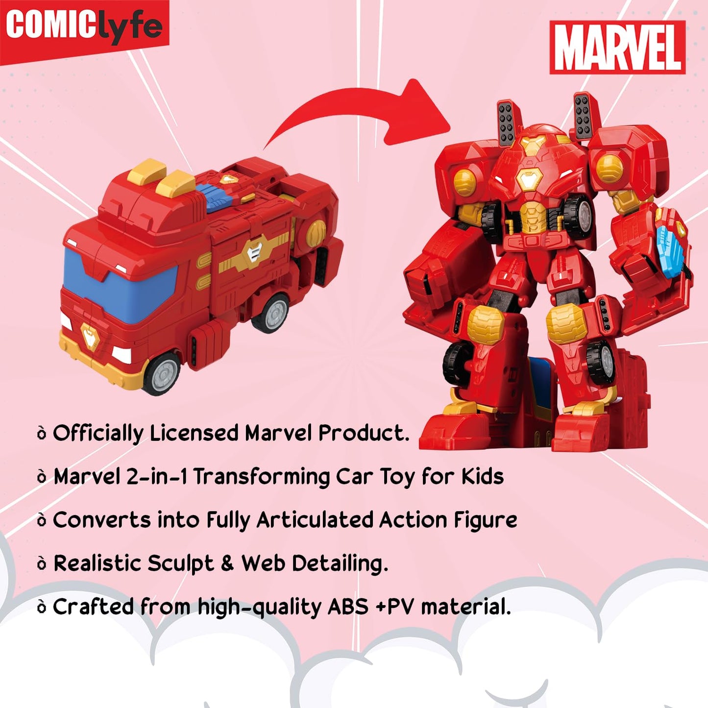 Marvel Transformers Iron Man Mech Suit Truck | Avengers Superhero Transforming Action Figure Toy | Fully Articulated ABS + PV Collectible