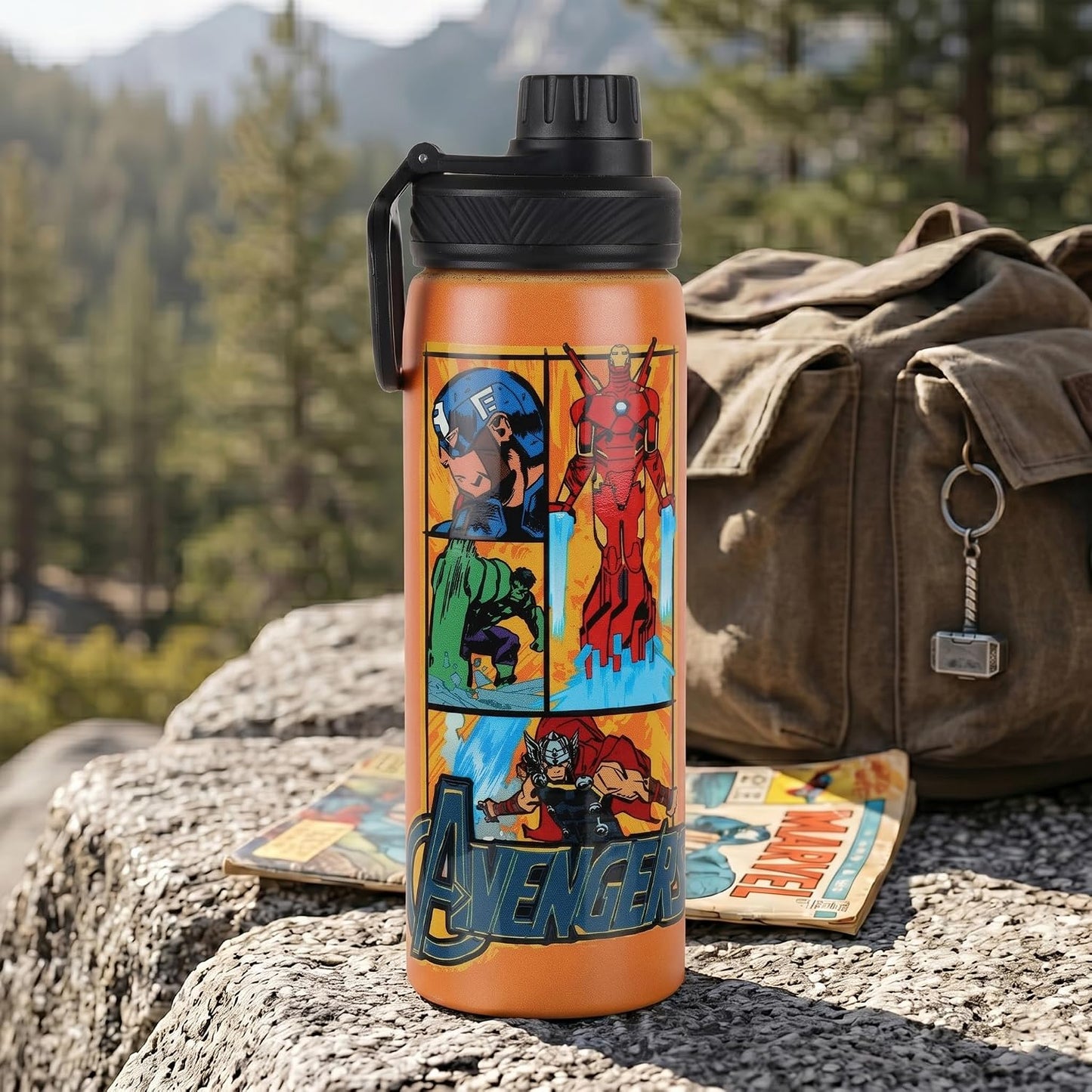 Marvel Avengers Stainless Steel Water Bottle for Kids, 700ml, Leakproof with Carry Handle, BPA Free School Water Bottle for Boys, Travel, Sports & Outdoor Activities