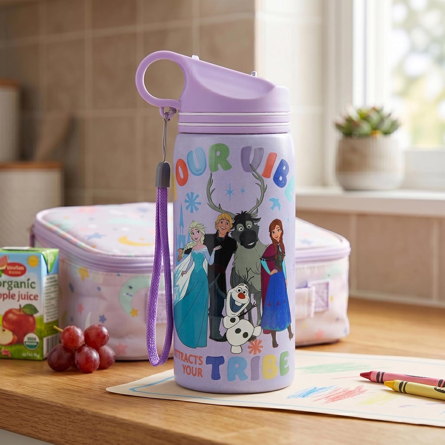 Disney Frozen Stainless Steel Water Bottle for Kids, Leakproof Sipper Bottle with Carry Loop, BPA-Free Metal Water Bottle for School, Travel, Picnic, Sports & Daily Hydration for Girls (Lavender)