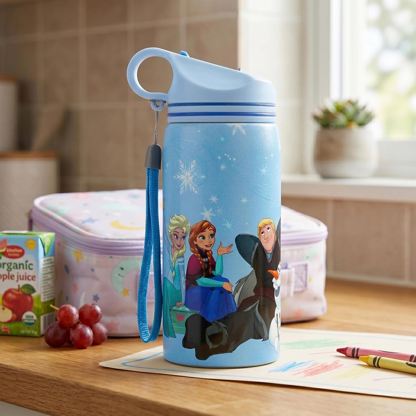 Disney Frozen Stainless Steel Water Bottle for Kids, Leakproof Sipper Bottle with Carry Loop, BPA-Free Metal Water Bottle for School, Travel, Picnic, Sports & Daily Hydration for Girls (Ice Blue)