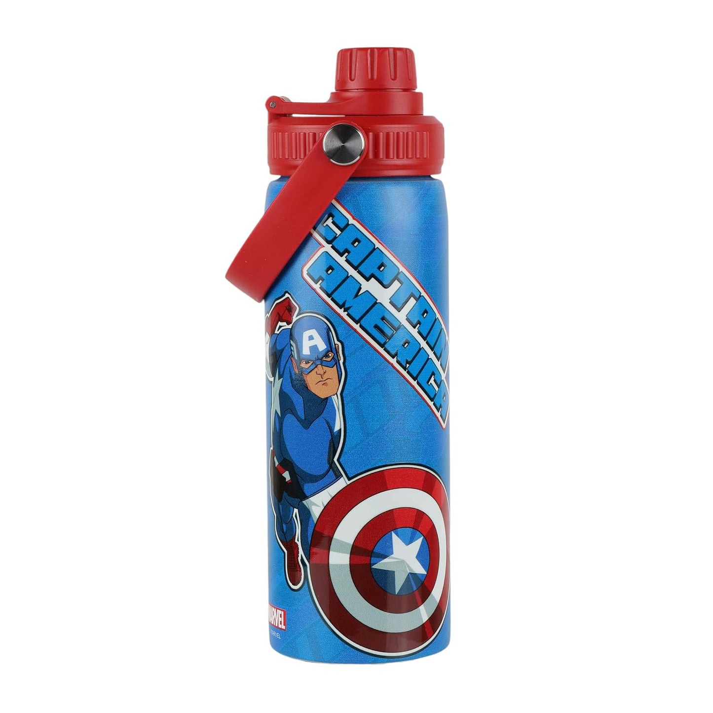 Captain America Stainless Steel Water Bottle for Kids Leakproof Non-Insulated Metal Sipper Bottle with Carry Handle, Marvel Superhero Printed Reusable Water Bottle for School, Travel, 750ml