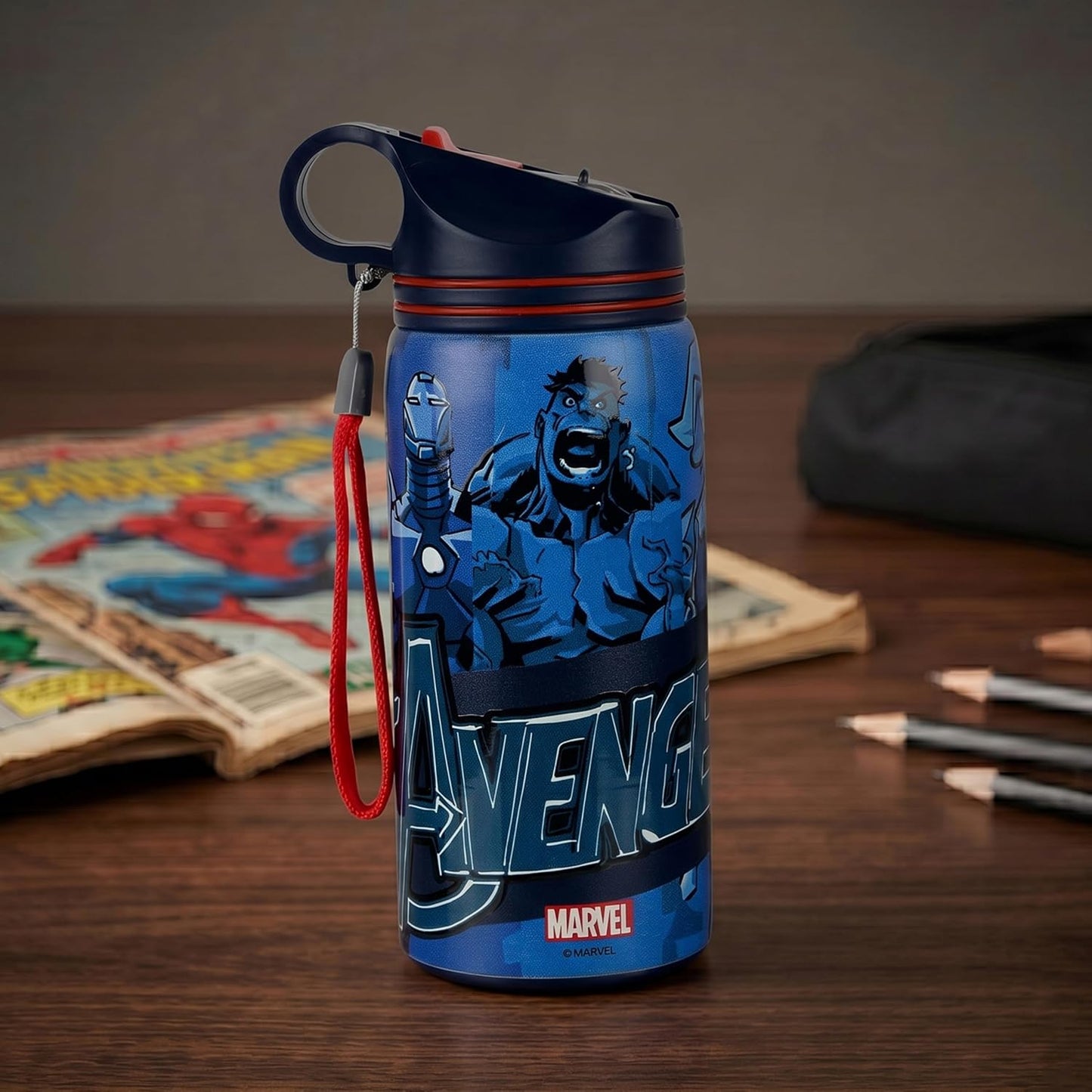 Marvel Avengers Stainless Steel Water Bottle for Kids, Leakproof Sipper Bottle with Handle & Strap, Non-Insulated Reusable Drinking Flask for School, Travel & Outdoor Activities