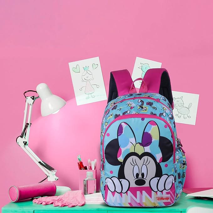 Disney Kids School Bag Soft Plush Backpacks Cartoon Printed Minnie Mouse School Bag for Unisex Kids | Casual Bagpack | Blue & Pink (5-12 Years) AZ909