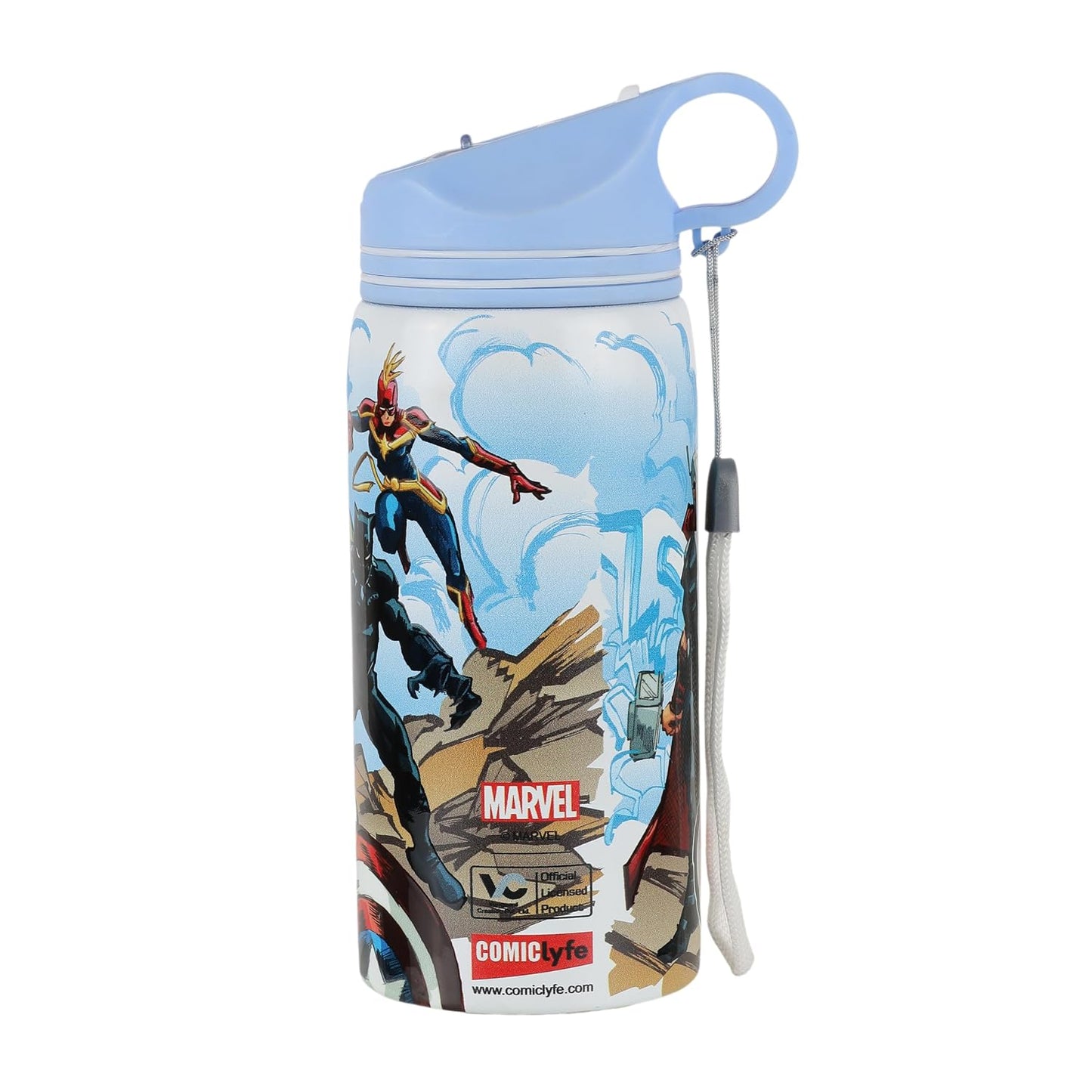 Marvel Avengers Stainless Steel Water Bottle for Kids, Leakproof Non-Insulated Sipper Bottle with Carry Loop & Wrist Strap, Reusable School Water Bottle for Boys, BPA Free 500ml