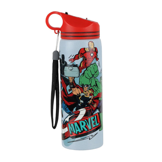Marvel Avengers Stainless Steel Water Bottle 700ml with Leakproof Flip Cap & Carry Strap, BPA-Free Reusable Non-Insulated Metal Bottle for Kids, School, Travel, Gym & Outdoor Use