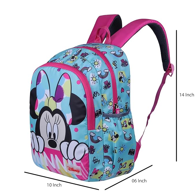 Disney Kids School Bag Soft Plush Backpacks Cartoon Printed Minnie Mouse School Bag for Unisex Kids | Casual Bagpack | Blue & Pink (5-12 Years) AZ909