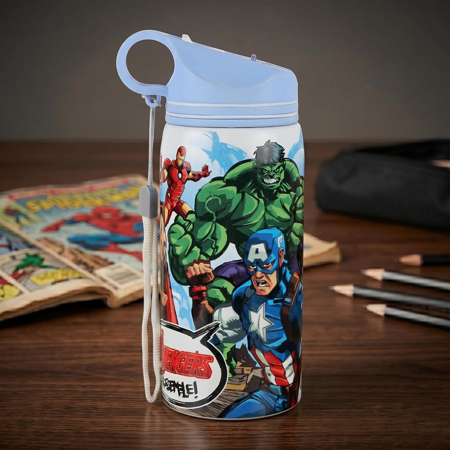 Marvel Avengers Stainless Steel Water Bottle for Kids, Leakproof Non-Insulated Sipper Bottle with Carry Loop & Wrist Strap, Reusable School Water Bottle for Boys, BPA Free 500ml