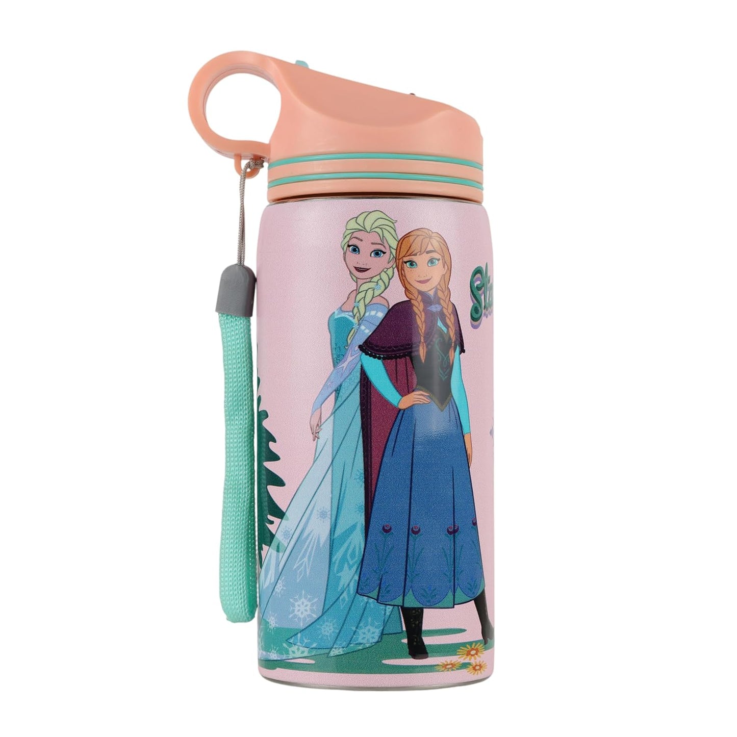 Disney Frozen Stainless Steel Water Bottle for Kids, Leakproof Sipper Bottle with Carry Loop, BPA-Free Metal Water Bottle for School, Travel, Picnic, Sports & Daily Hydration for Girls (Peach Pink)