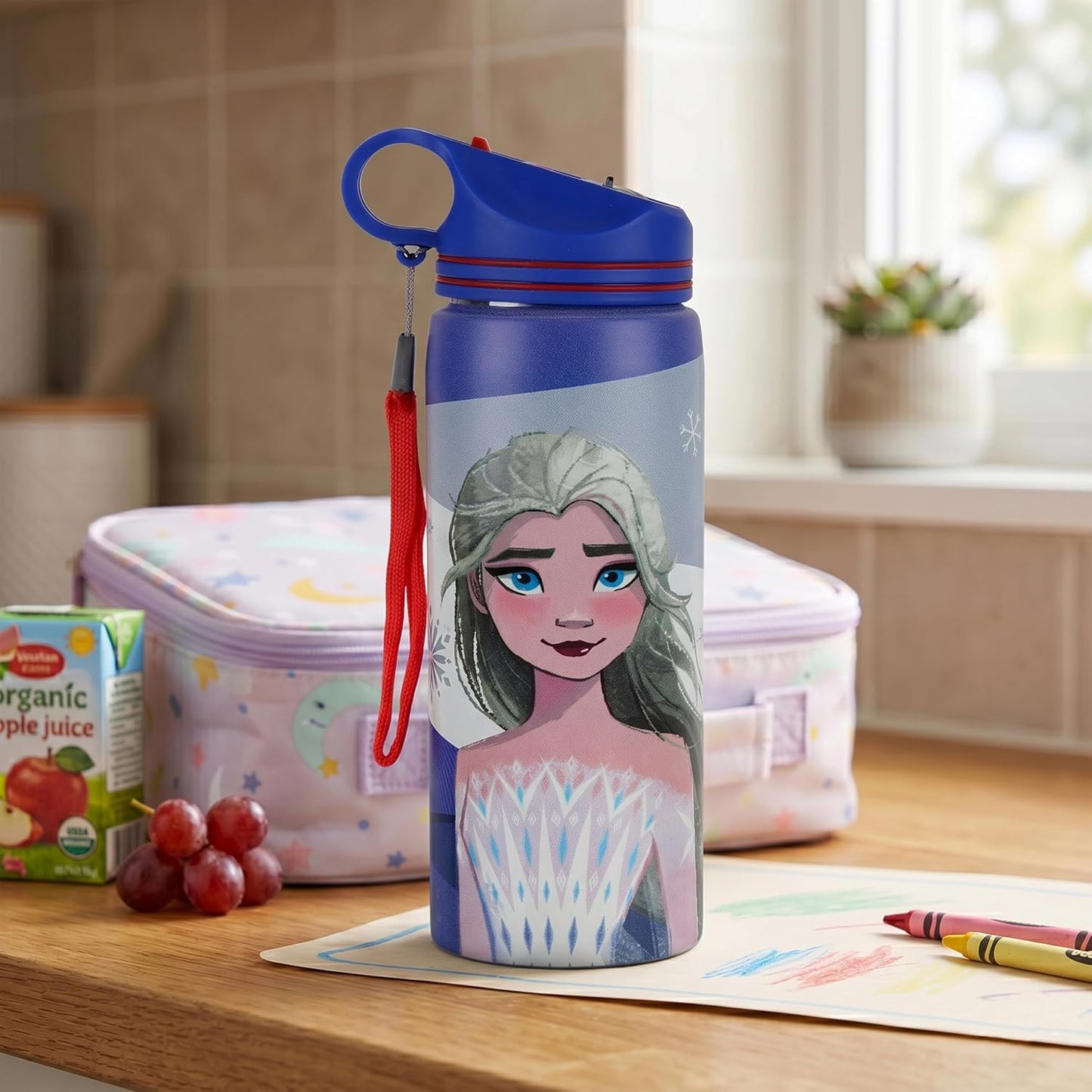 Disney Frozen Stainless Steel Water Bottle for Kids, Leakproof Sipper Bottle with Carry Loop, BPA-Free Metal Water Bottle for School, Travel, Picnic, Sports & Daily Hydration for Girls (Royal Blue)