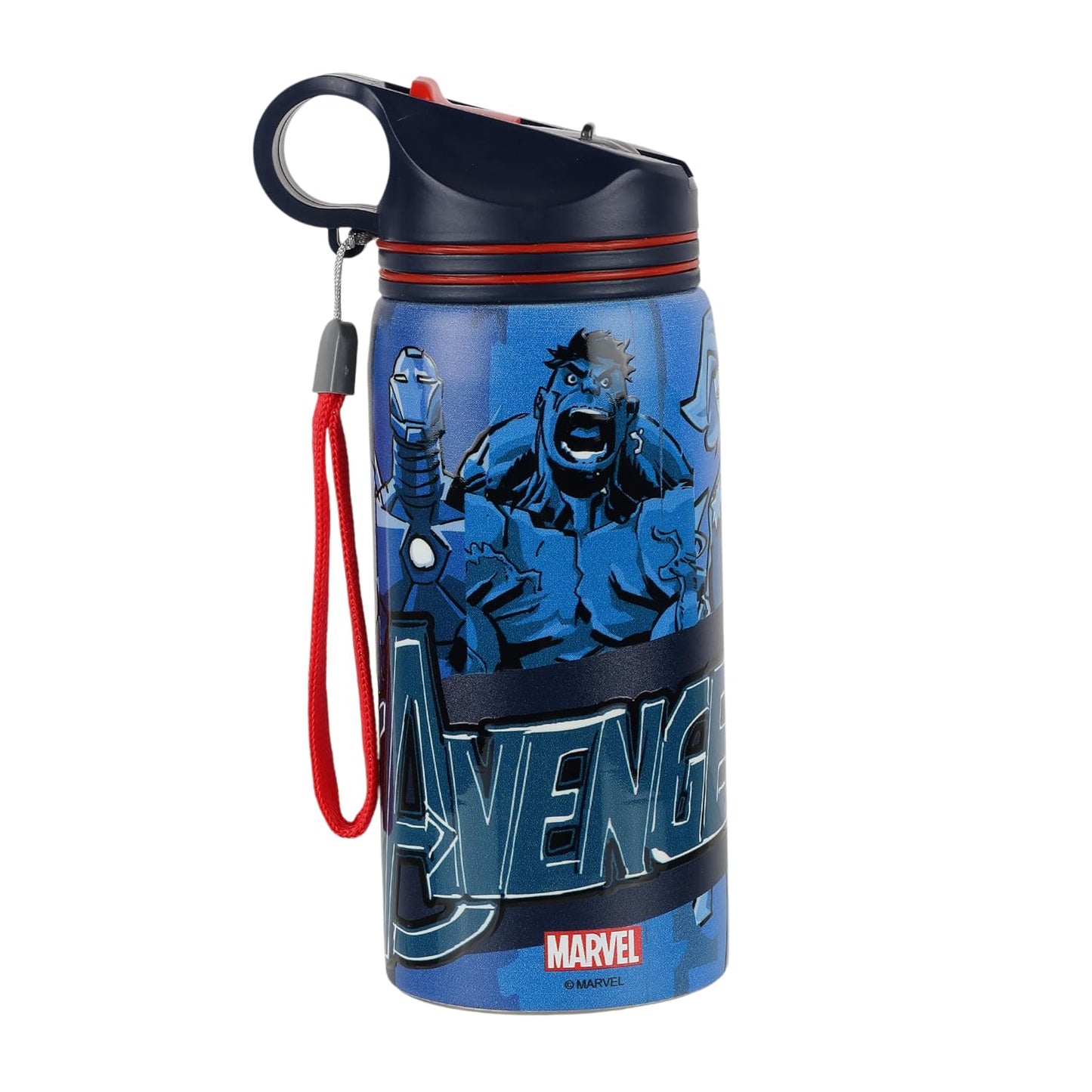 Marvel Avengers Stainless Steel Water Bottle for Kids, Leakproof Sipper Bottle with Handle & Strap, Non-Insulated Reusable Drinking Flask for School, Travel & Outdoor Activities