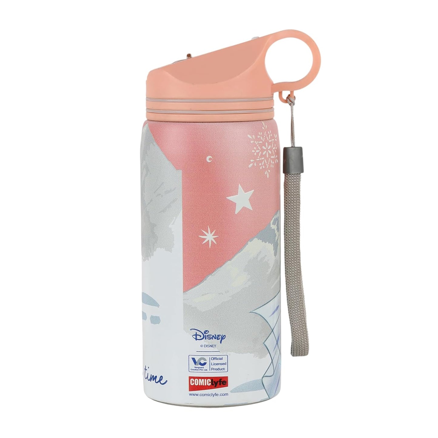 Disney Frozen Stainless Steel Water Bottle for Kids, Leakproof Cartoon Printed Sipper Bottle with Strap, BPA Free Non-Insulated for School, Travel 500ml