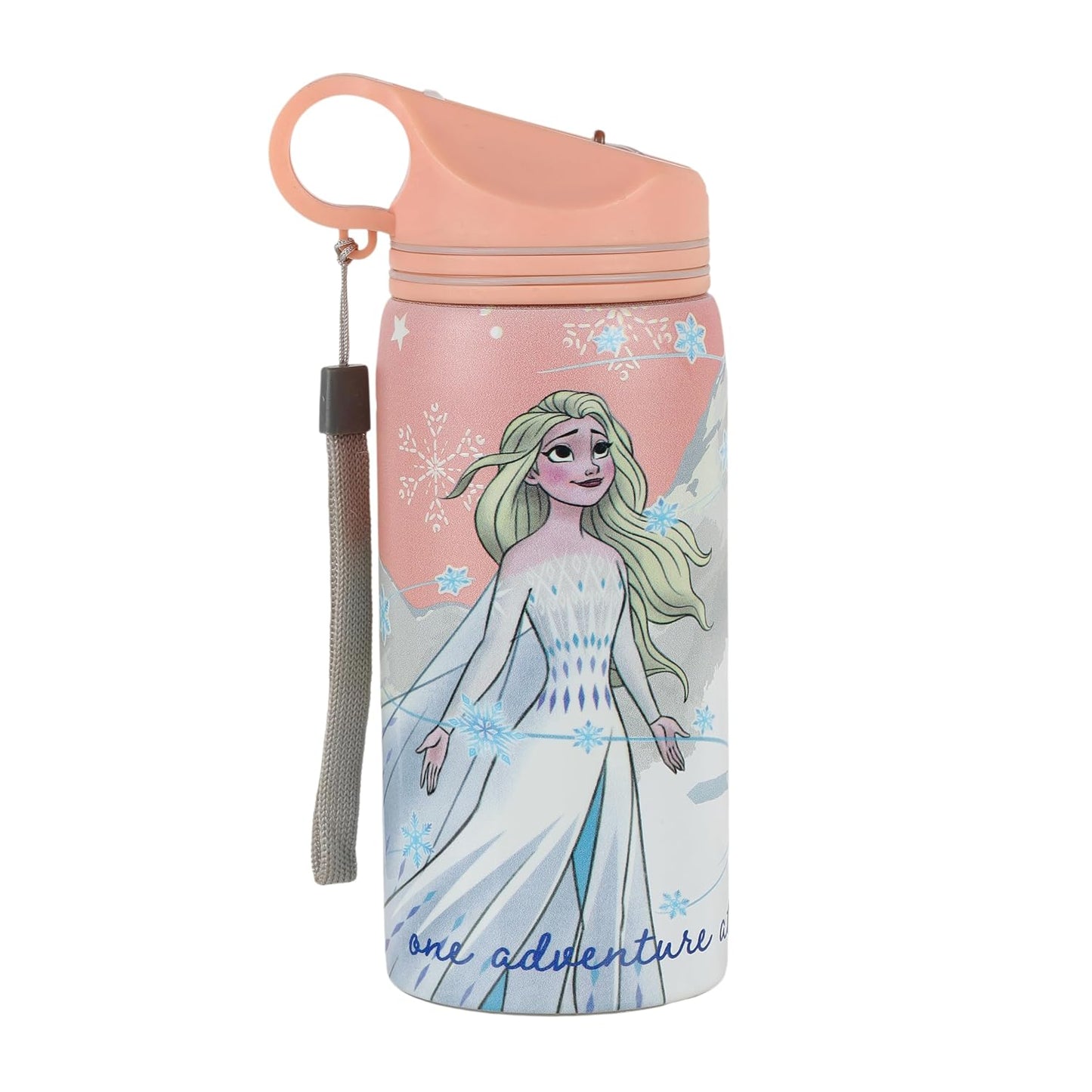 Disney Frozen Stainless Steel Water Bottle for Kids, Leakproof Cartoon Printed Sipper Bottle with Strap, BPA Free Non-Insulated for School, Travel 500ml