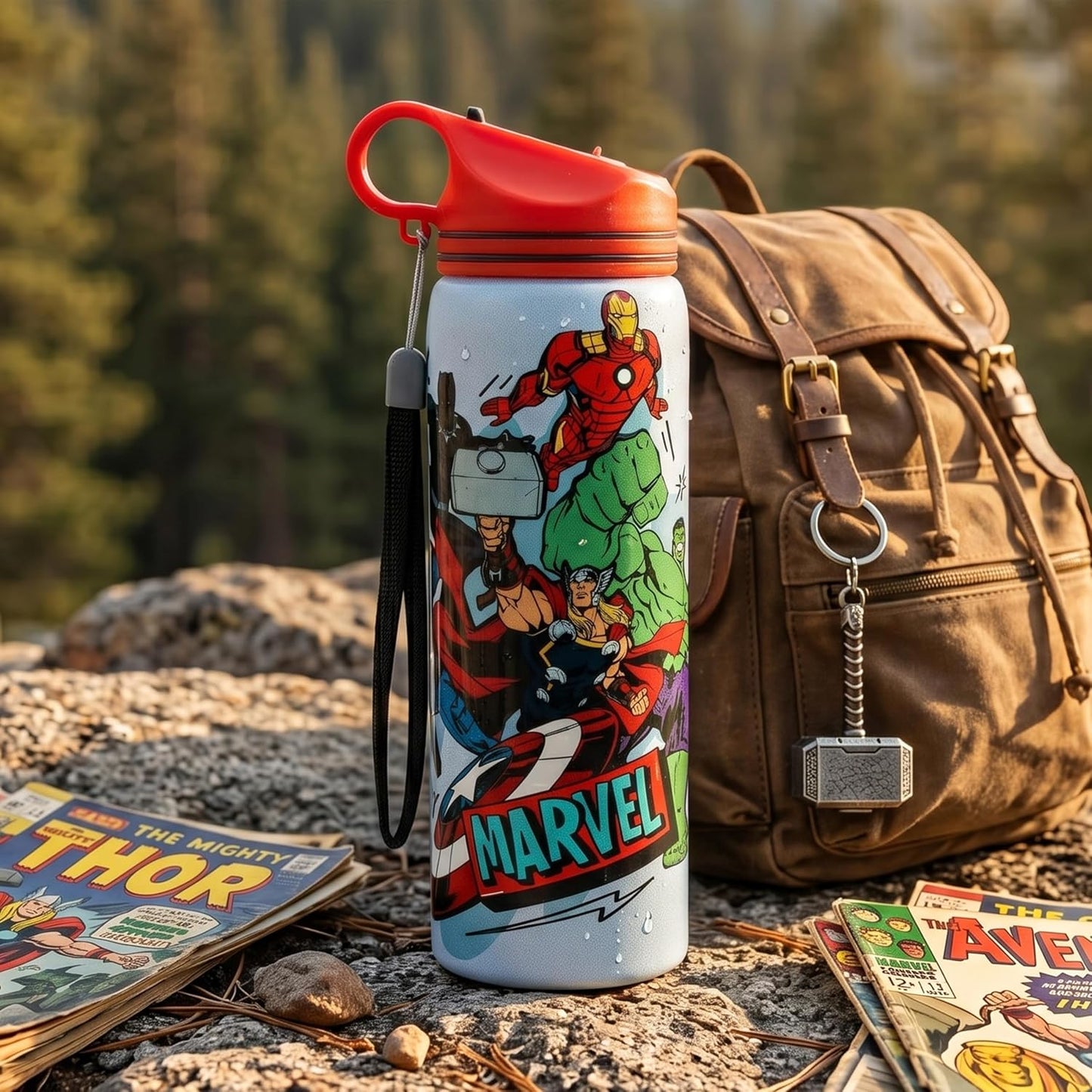 Marvel Avengers Stainless Steel Water Bottle 700ml with Leakproof Flip Cap & Carry Strap, BPA-Free Reusable Non-Insulated Metal Bottle for Kids, School, Travel, Gym & Outdoor Use