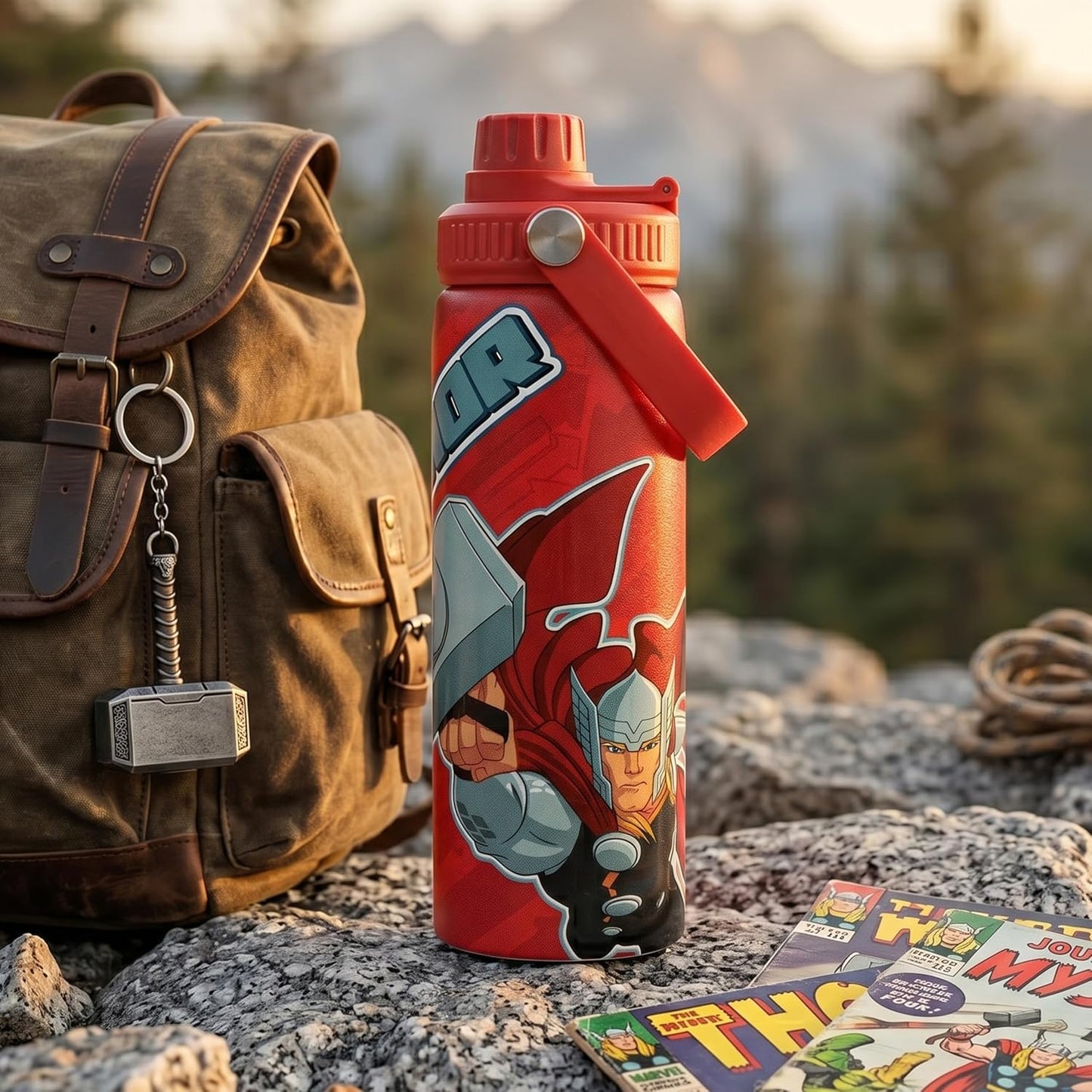 Marvel Thor Red Stainless Steel Water Bottle for Kids & Adults | 700ml Leakproof Non-Insulated Sipper Bottle with Carry Strap | BPA Free for School, Travel, Gym, Sports