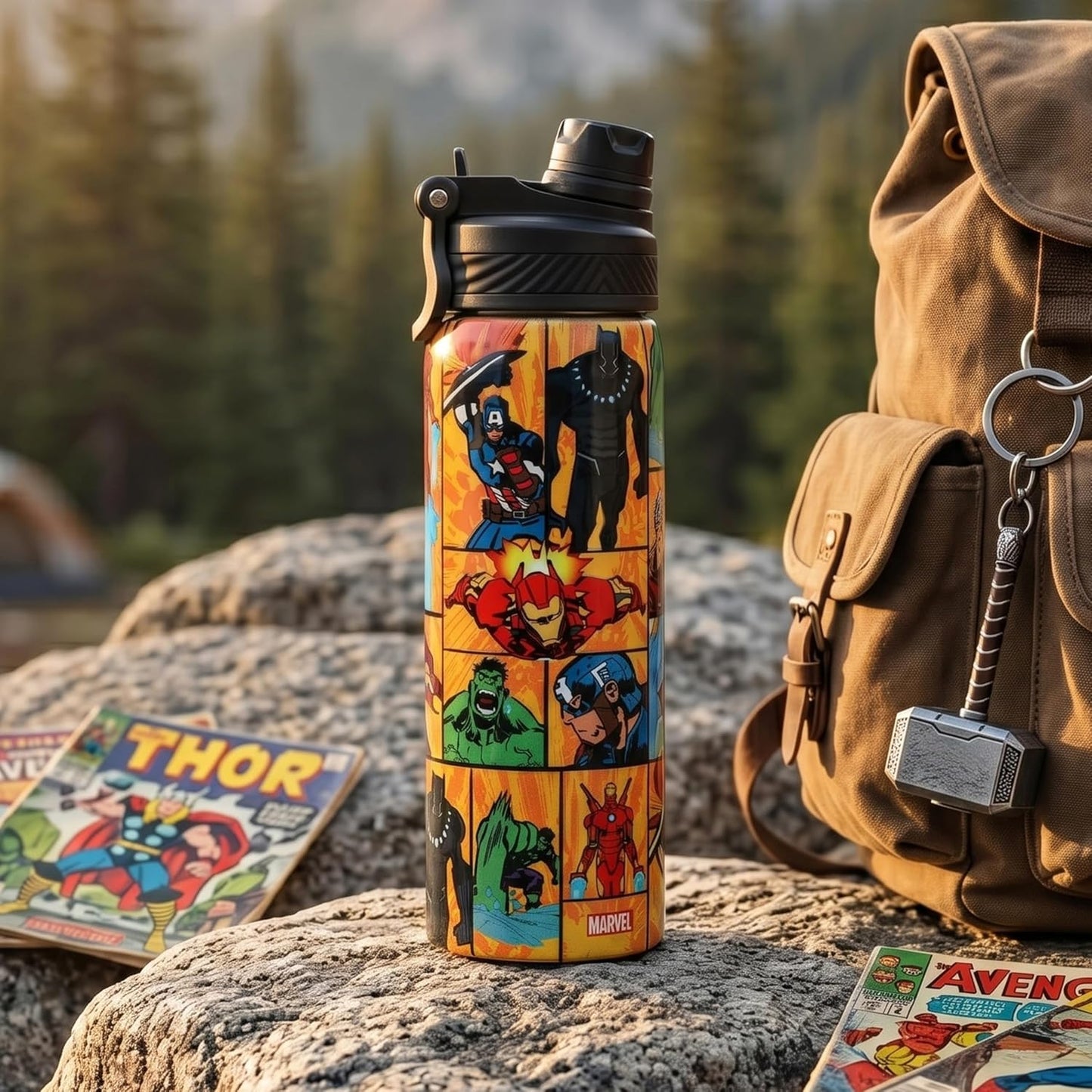 Marvel Spider-Man Stainless Steel Water Bottle for Kids, Leakproof Sipper Bottle with Handle & Strap, Reusable Non-Insulated Drinking Flask for School, Travel, Sports & Outdoor Use