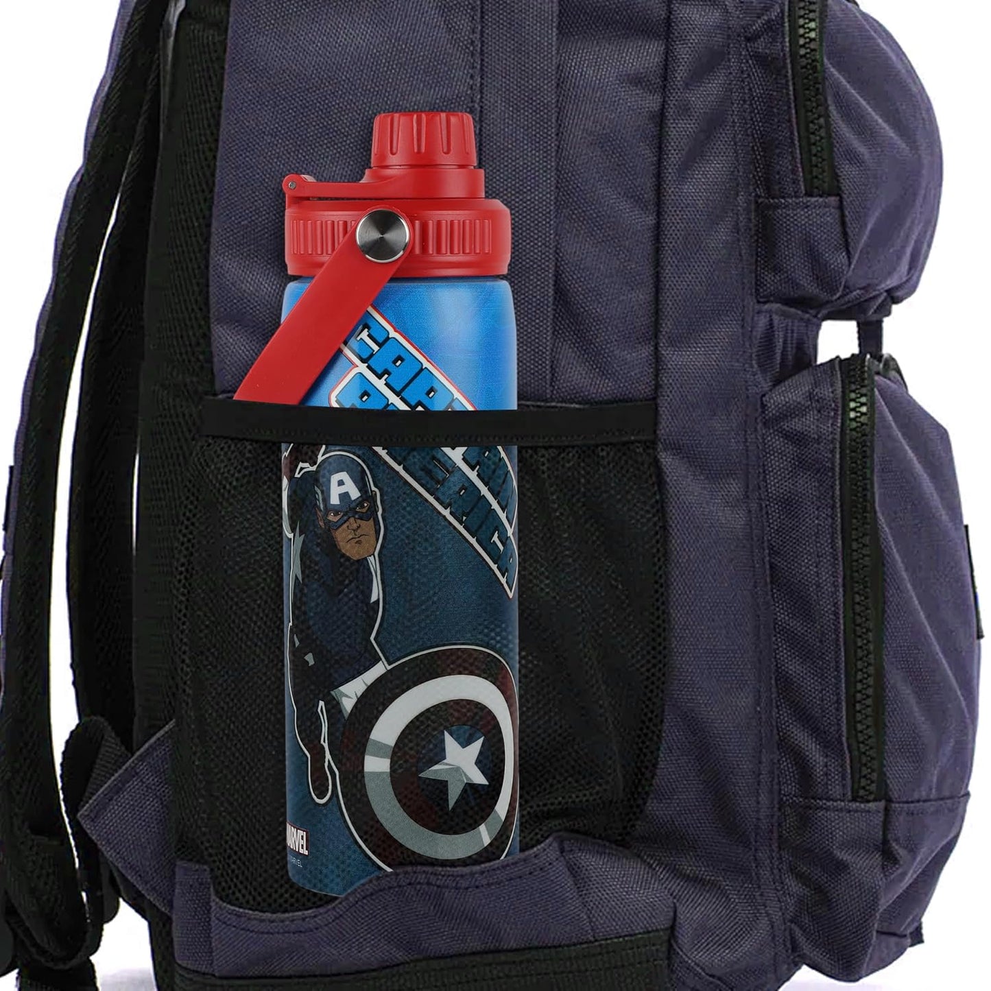 Captain America Stainless Steel Water Bottle for Kids Leakproof Non-Insulated Metal Sipper Bottle with Carry Handle, Marvel Superhero Printed Reusable Water Bottle for School, Travel, 750ml