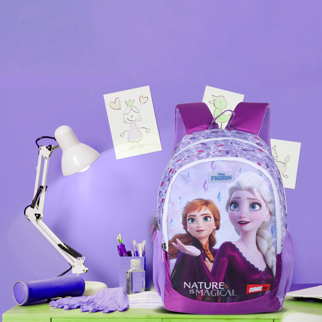 Disney Kids School Bag Soft Plush Backpacks Cartoon Printed Anna & Elsa School Bag for Unisex Kids | Casual Bagpack | PURPLE (5-12 Years) AZ932