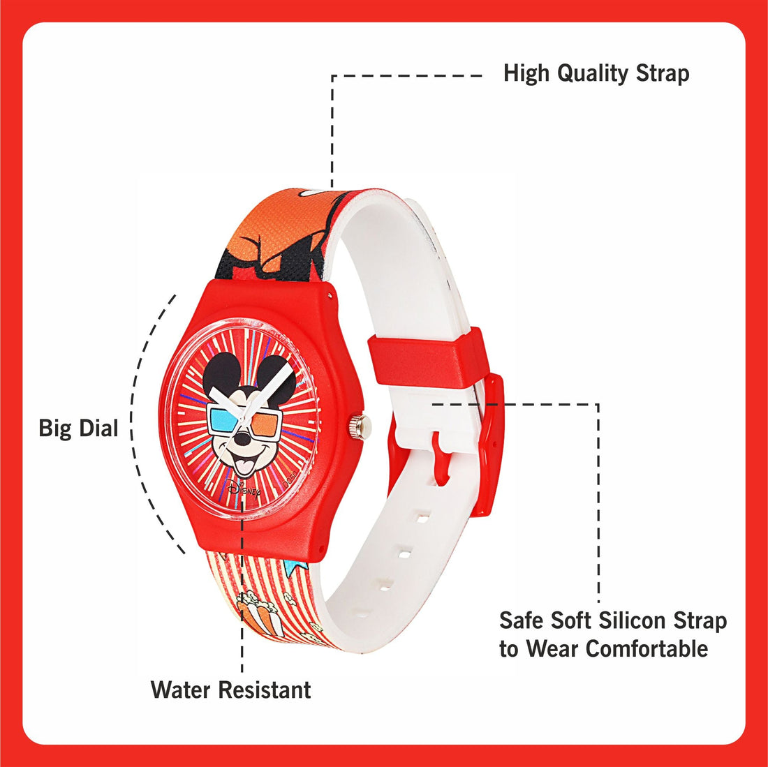 Disney Mickey Mouse Wrist Watch Mickey Red Round Analogue Wrist Watch Multicolor Kids Birthday Gift For Boy Girl Age 3 to 12 Years