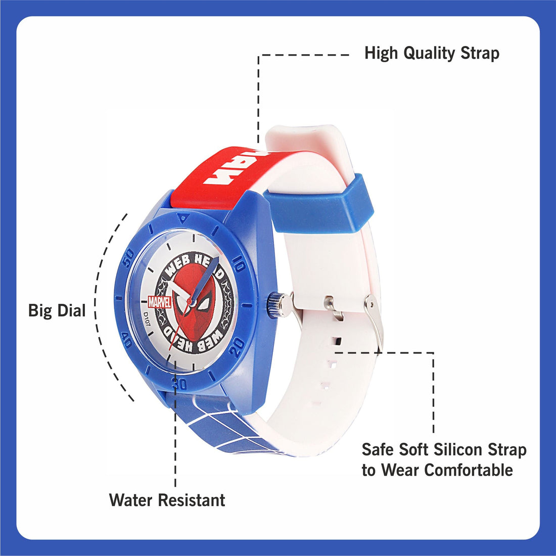 Marvel Wrist Watch for Kids Multicolor Round Analogue Wrist Watch | Birthday Gift for Boys & Girls - Age 3 to 12 Years (Spiderman Blue & White)