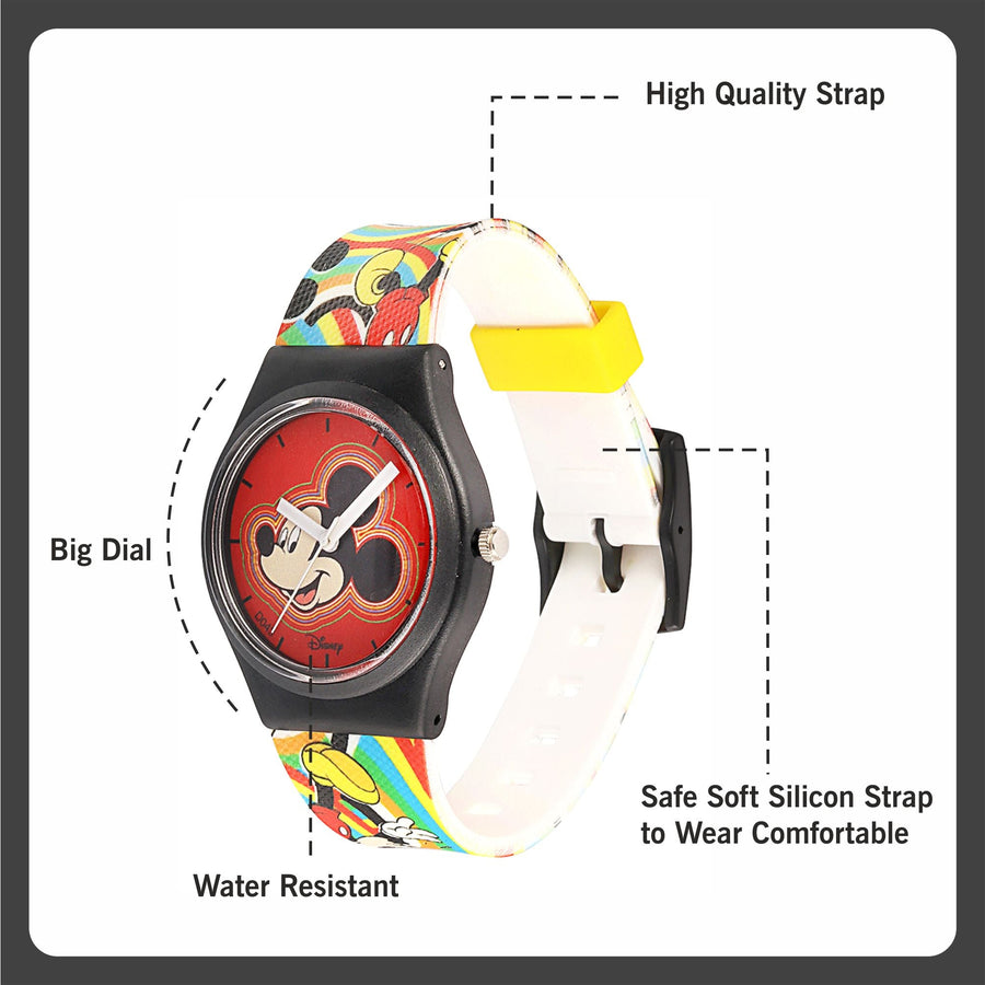 Disney Mickey Mouse Wrist Watch Mickey Red Round Analogue Wrist Watch Multicolor Kids Birthday Gift For Boy Girl Age 3 to 12 Years