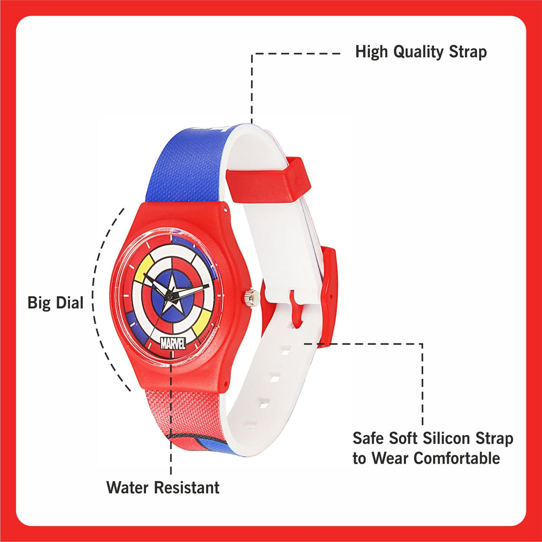 Marvel Wrist Watch for Kids Multicolor Round Analogue Wrist Watch | Birthday Gift for Boys & Girls - Age 3 to 12 Years (Captain America Red)